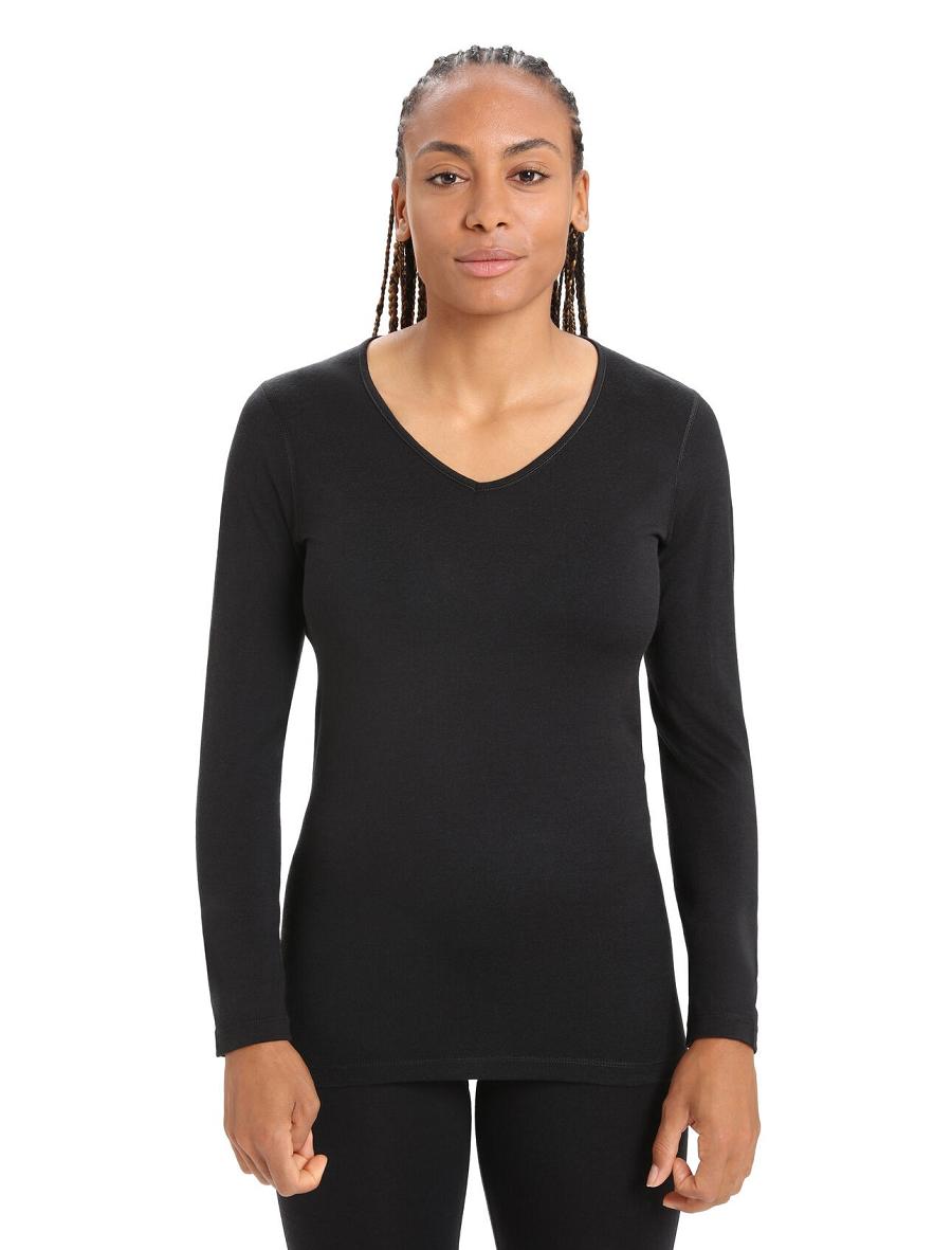 Icebreaker Merino 200 Oasis Long Sleeve V Neck Thermal Top Női Base Layers Fekete | HU 1853RVDW